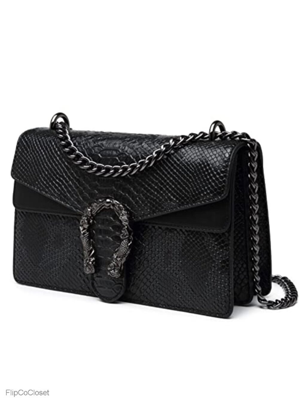 Faux Leather Crossbody Clutch with Snake Print and Chain Strap